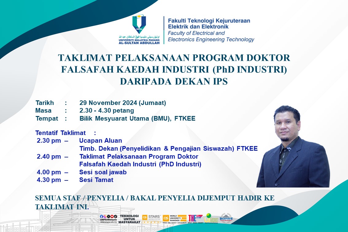 Taklimat Pelaksanaan Program Doktor Falsafah Kaedah Industri (FTKEE - PhD Industri) 